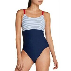 Speedo Women's Red/White/Blue Striped Colorblock Cutout One Piece Swimsuit